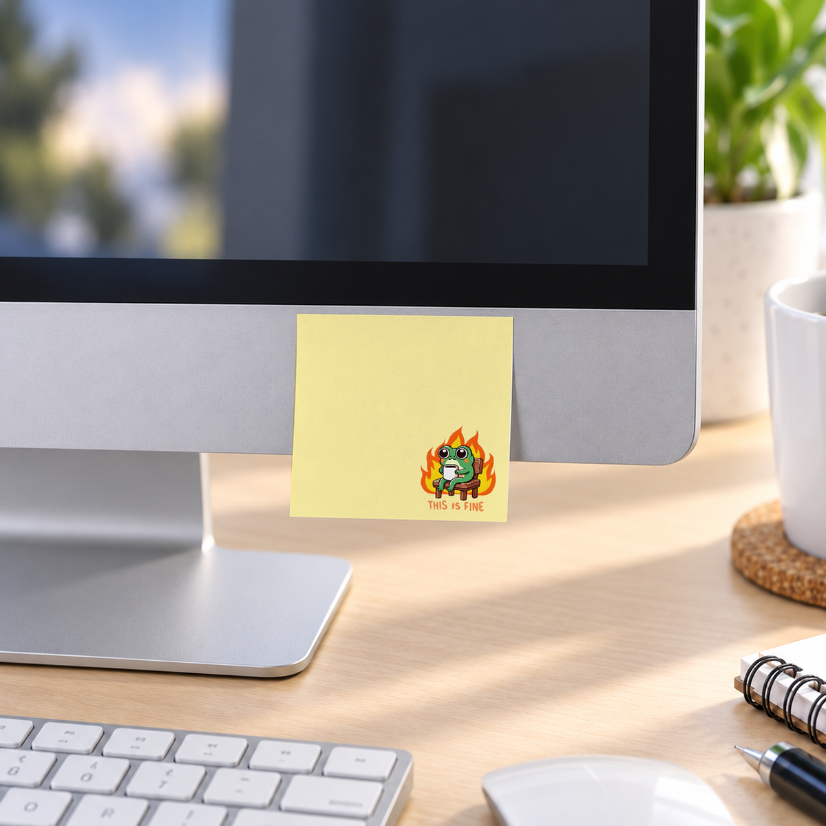 This Is Fine Frog Meme memo pad in an office or home workspace