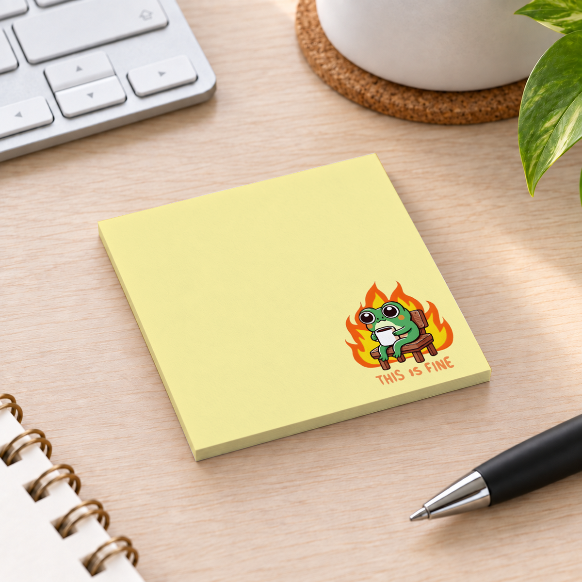 Close-up of This Is Fine Frog Meme sticky note design and writable area