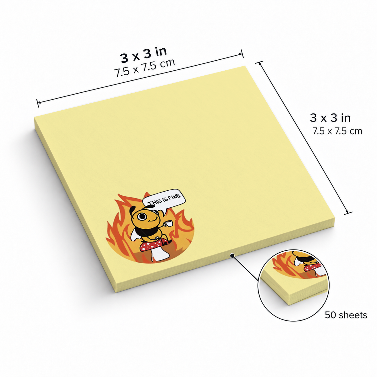 This Is Fine Bee & Mushroom sticky notes, 3x3 in (7.5 x 7.5 cm), 50 sheets