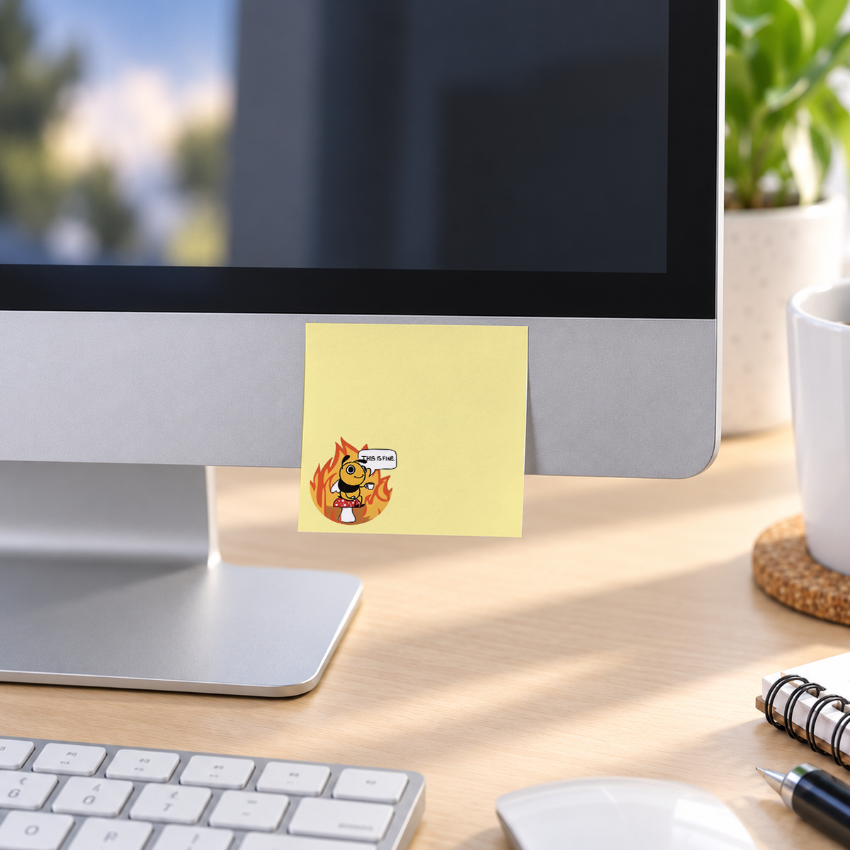 This Is Fine Bee & Mushroom memo pad in an office or home workspace