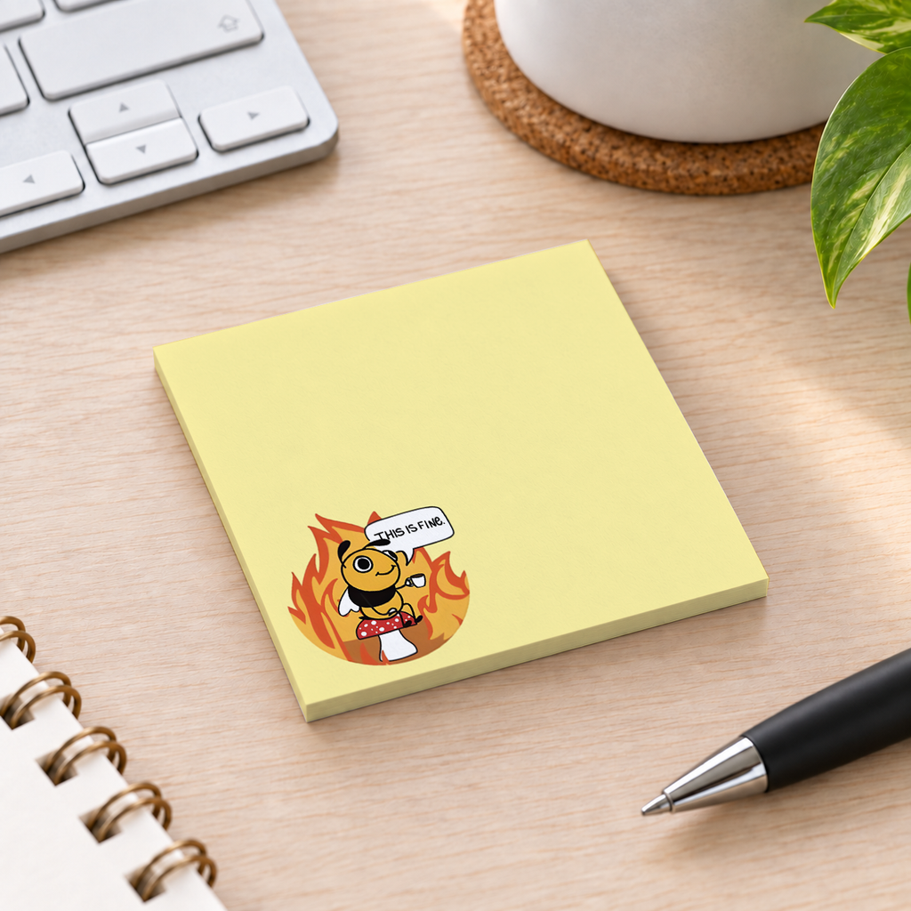 Close-up of This Is Fine Bee & Mushroom sticky note design and writable area