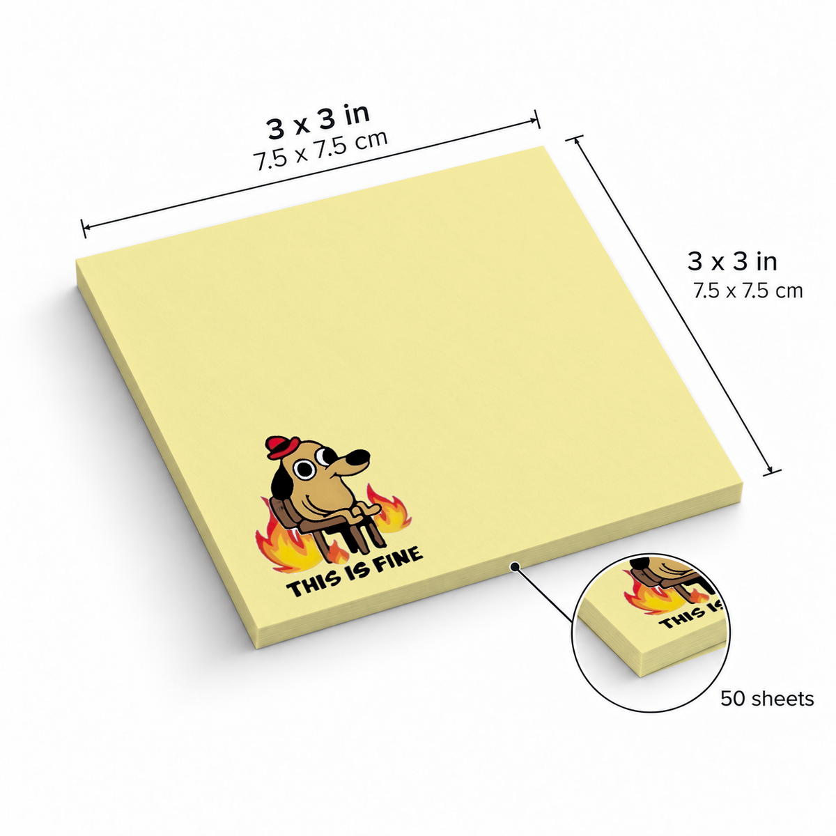 Classic This Is Fine Dog Meme sticky notes, 3x3 in (7.5 x 7.5 cm), 50 sheets
