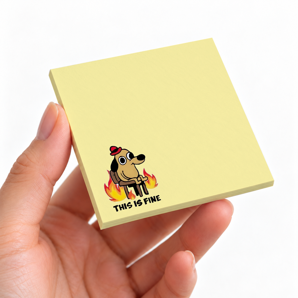 Classic This Is Fine Dog Meme sticky note pad on a desk with stationery