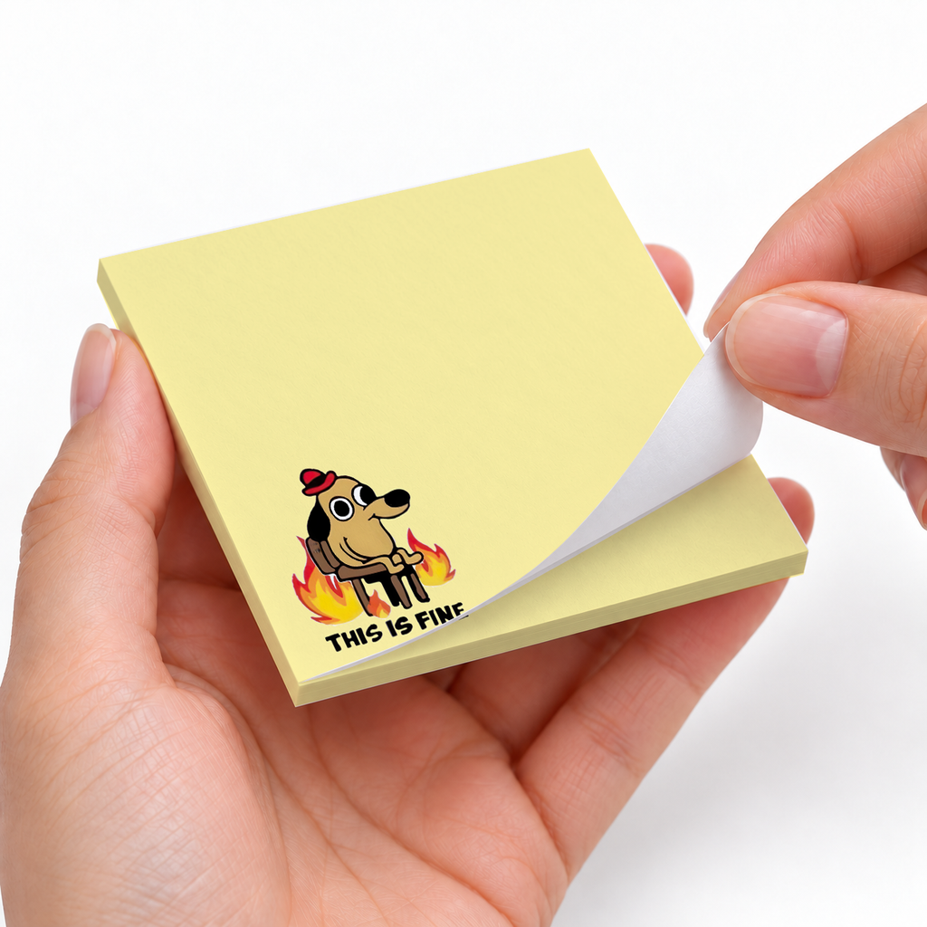 Classic This Is Fine Dog Meme sticky notes styled with a planner and desk accessories