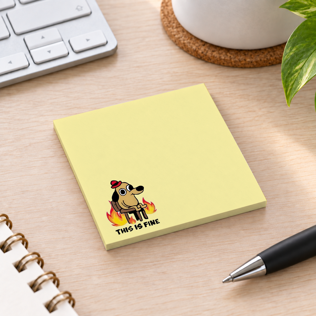 Close-up of Classic This Is Fine Dog Meme sticky note design and writable area