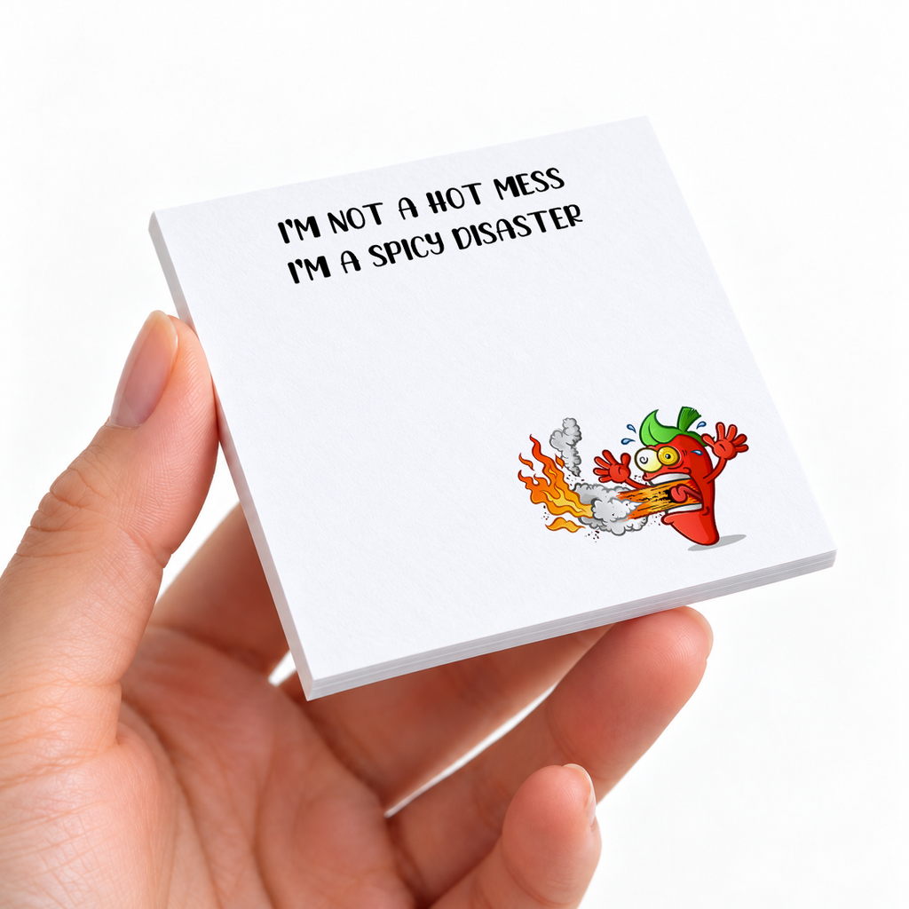 Spicy Disaster Chili Pepper sticky note pad on a desk with stationery