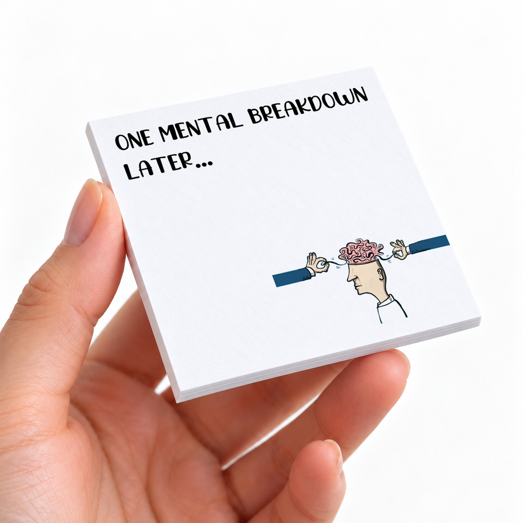 Mental Breakdown Humorous Office sticky note pad on a desk with stationery