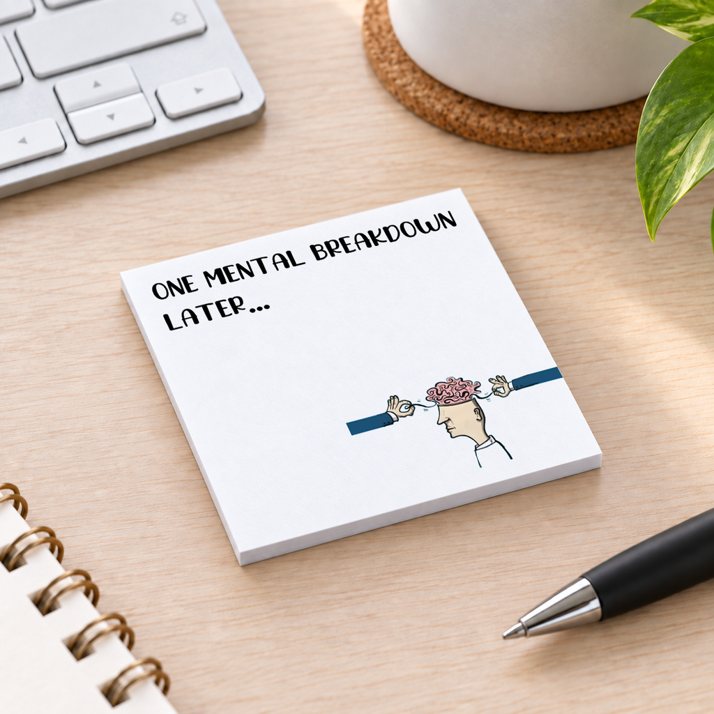Close-up of Mental Breakdown Humorous Office sticky note design and writable area