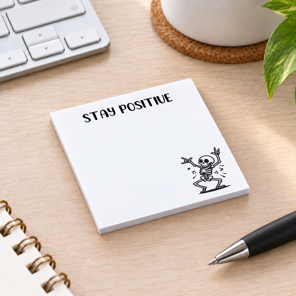 Close-up of Stay Positive Dancing Skeleton sticky note design and writable area
