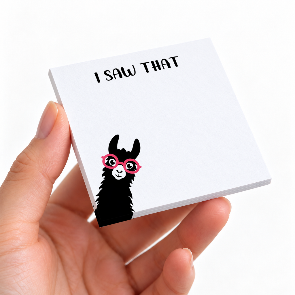 I Saw That Peeking Llama sticky note pad on a desk with stationery
