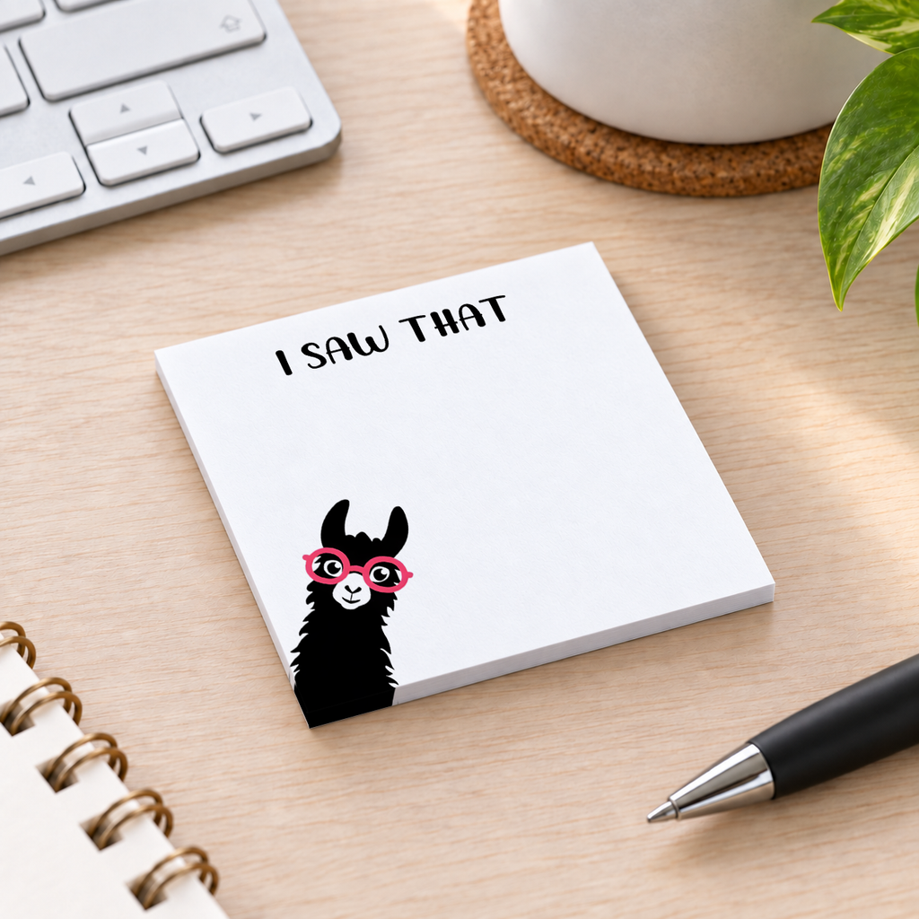 Close-up of I Saw That Peeking Llama sticky note design and writable area