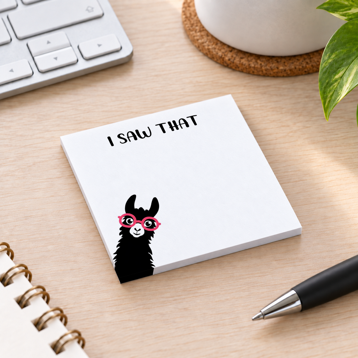 Close-up of I Saw That Peeking Llama sticky note design and writable area