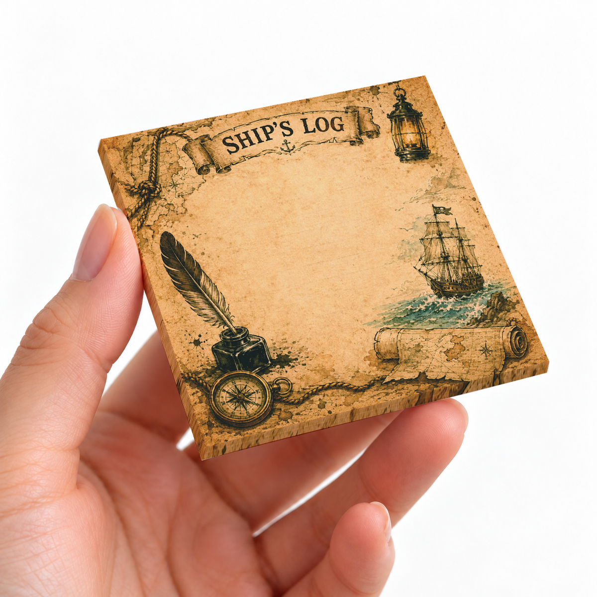 Ship's Log Vintage Pirate sticky note pad on a desk with stationery
