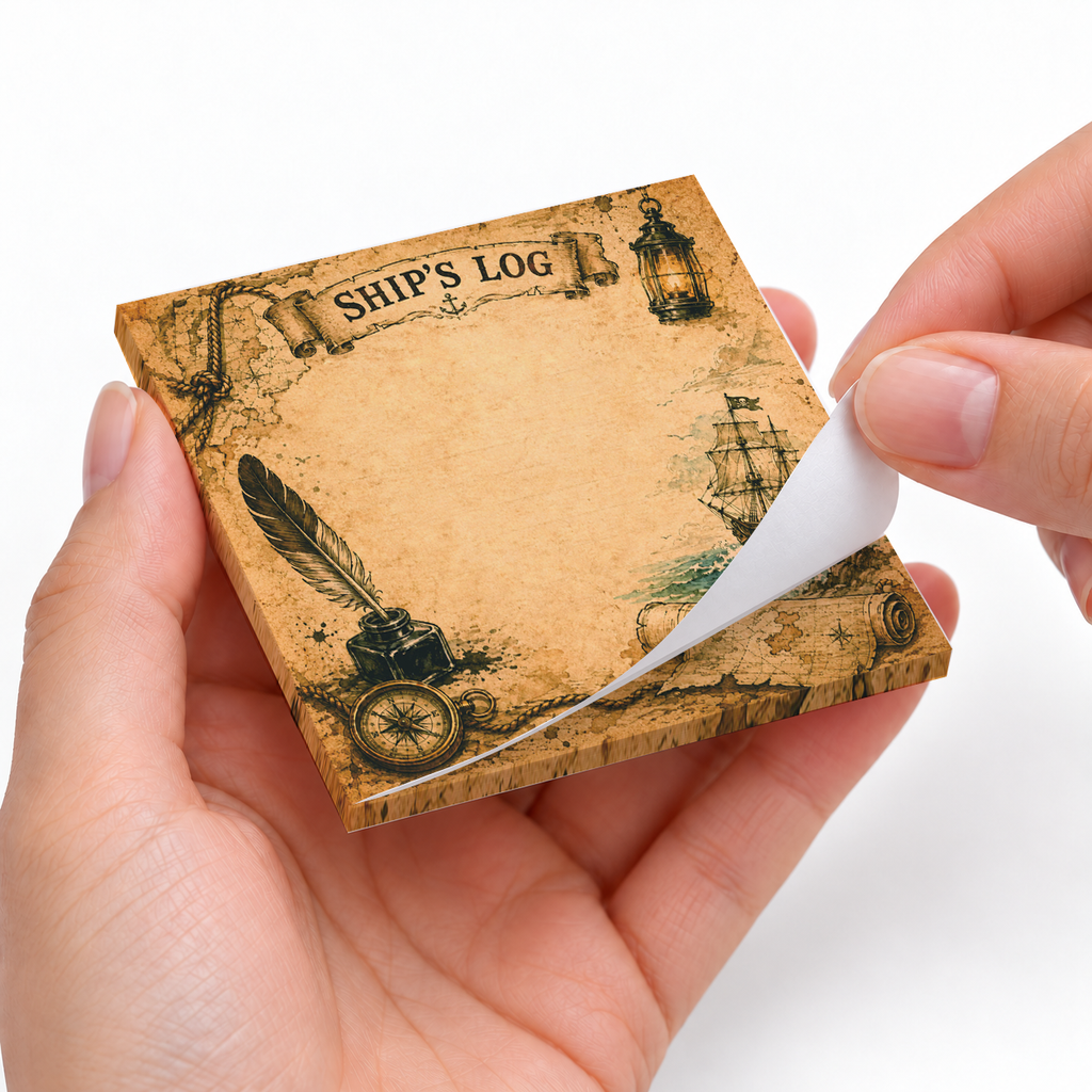 Ship's Log Vintage Pirate sticky notes styled with a planner and desk accessories
