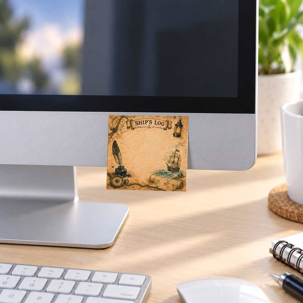 Ship's Log Vintage Pirate memo pad in an office or home workspace