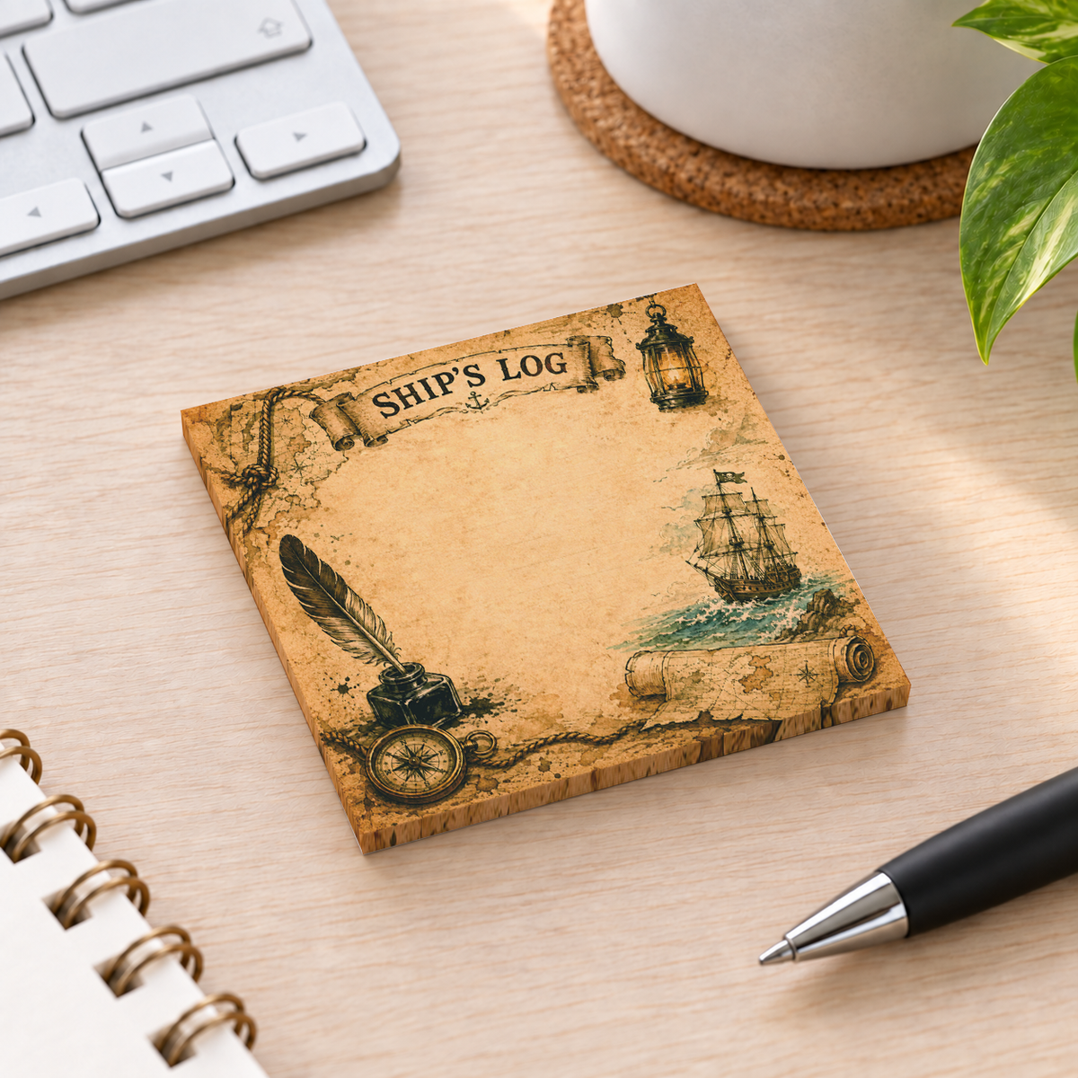 Close-up of Ship's Log Vintage Pirate sticky note design and writable area