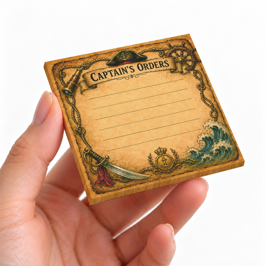 Captain's Orders Lined Pirate sticky note pad on a desk with stationery