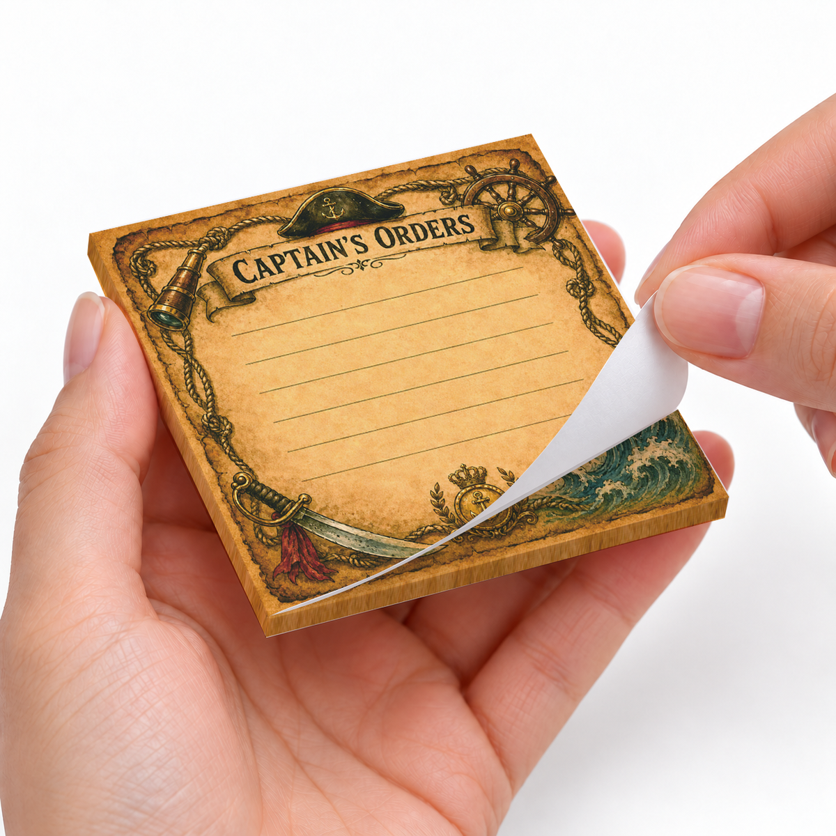 Captain's Orders Lined Pirate sticky notes styled with a planner and desk accessories