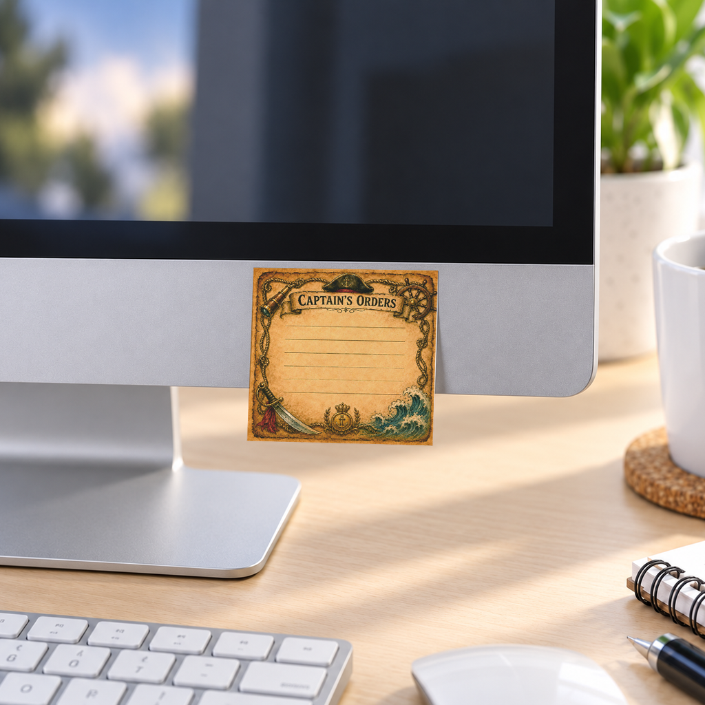 Captain's Orders Lined Pirate memo pad in an office or home workspace