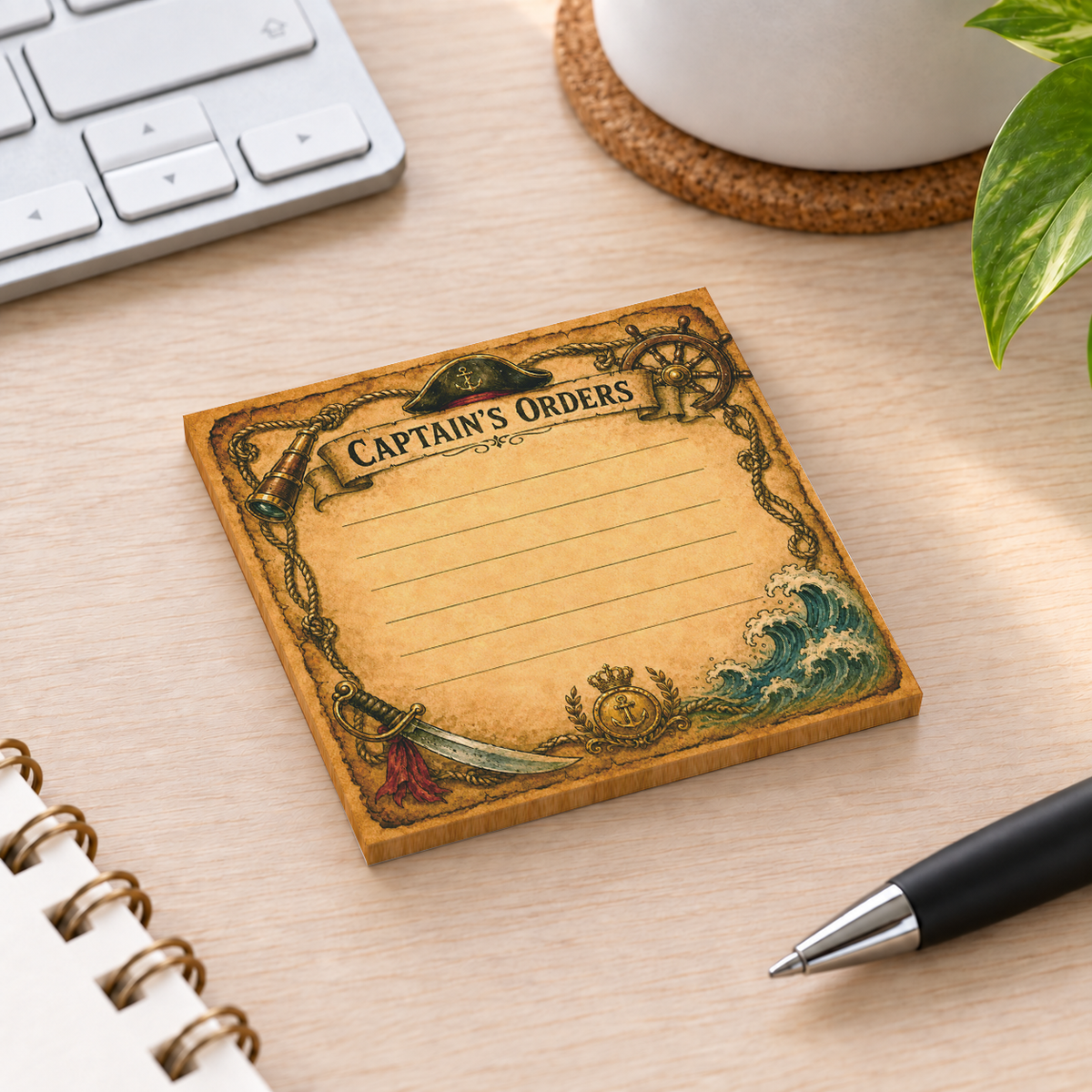Close-up of Captain's Orders Lined Pirate sticky note design and writable area