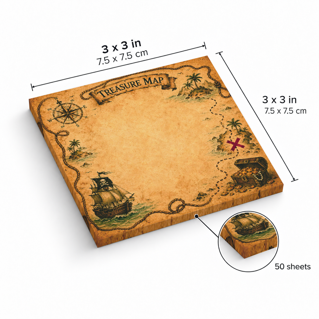 Treasure Map Nautical sticky notes, 3x3 in (7.5 x 7.5 cm), 50 sheets