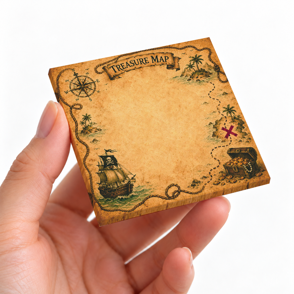 Treasure Map Nautical sticky note pad on a desk with stationery