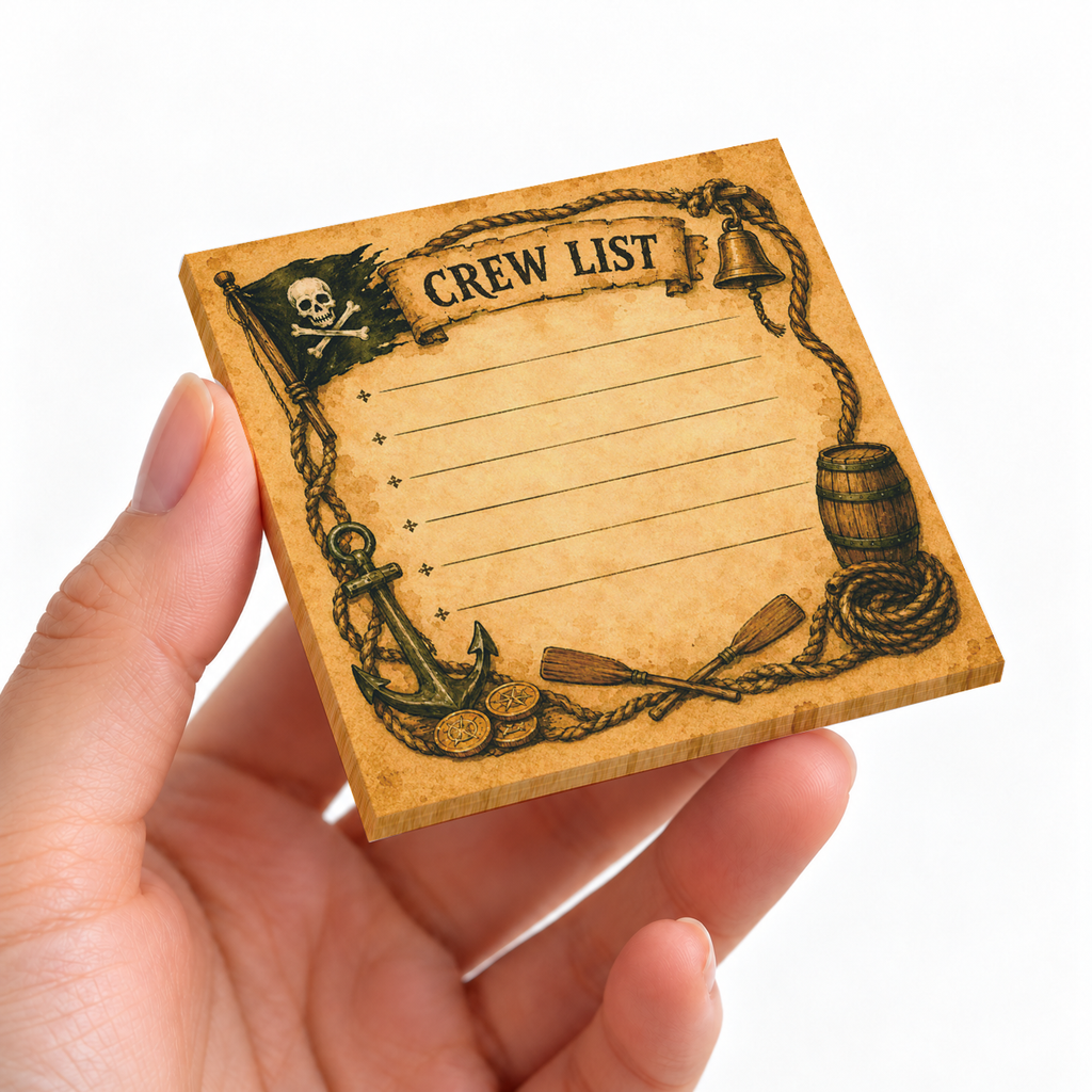 Pirate Crew List Bulleted sticky note pad on a desk with stationery