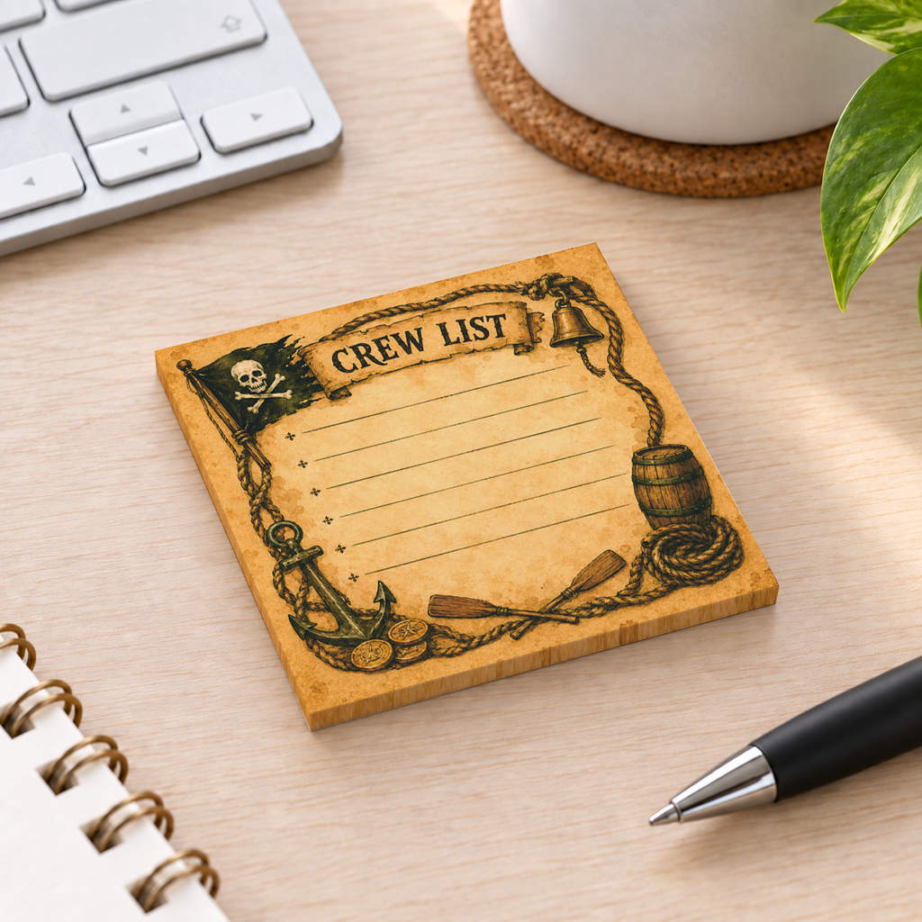 Close-up of Pirate Crew List Bulleted sticky note design and writable area