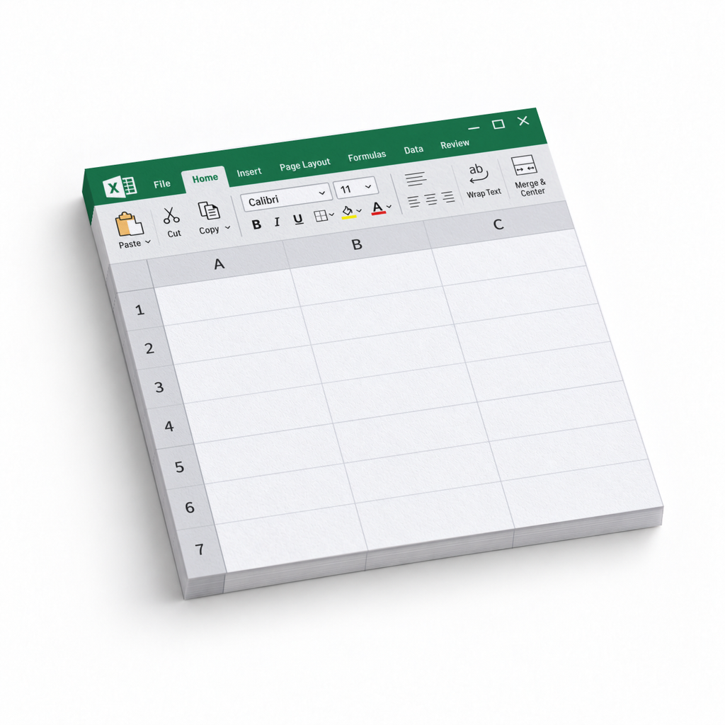 Green spreadsheet window sticky note pad with blank rows and columns on a white background.