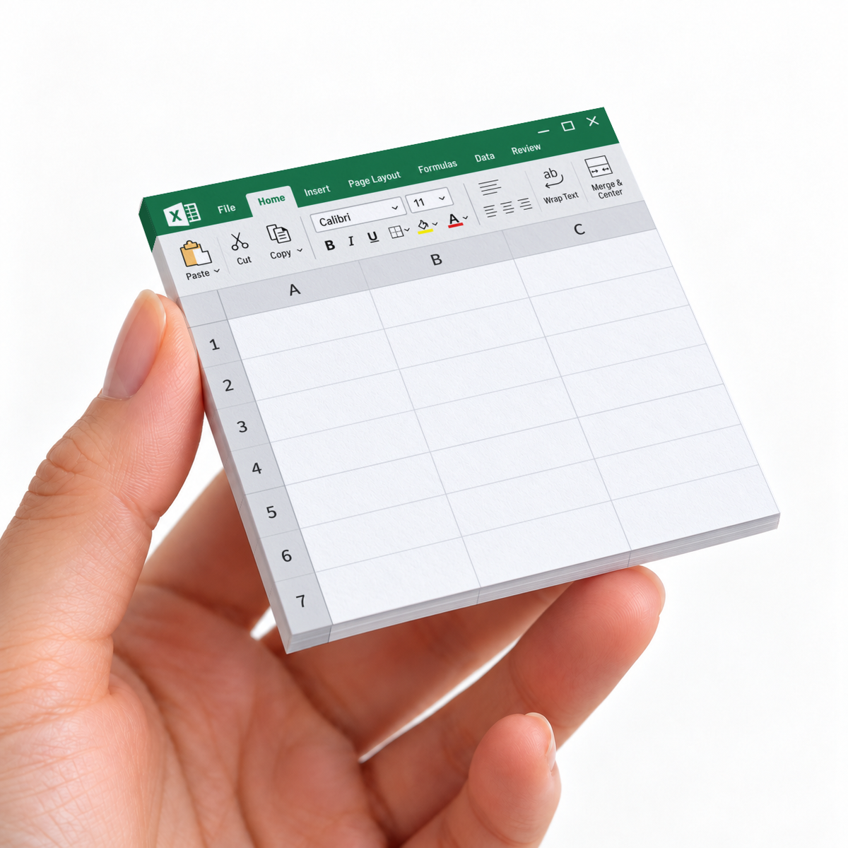 Hand holding a green spreadsheet window sticky note pad with blank numbered rows and lettered columns.