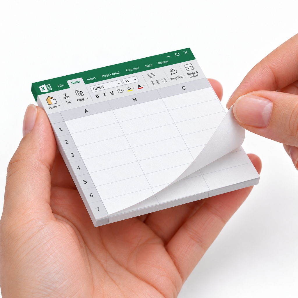 Green spreadsheet window sticky note pad held in two hands as the top sheet is peeled back.