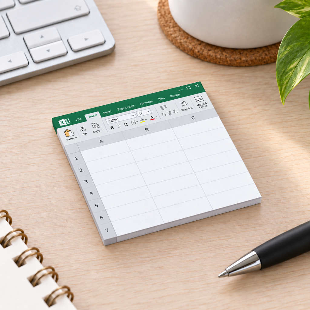 Green spreadsheet window sticky note pad on a wood desk beside a keyboard, pen, notebook, and plant.