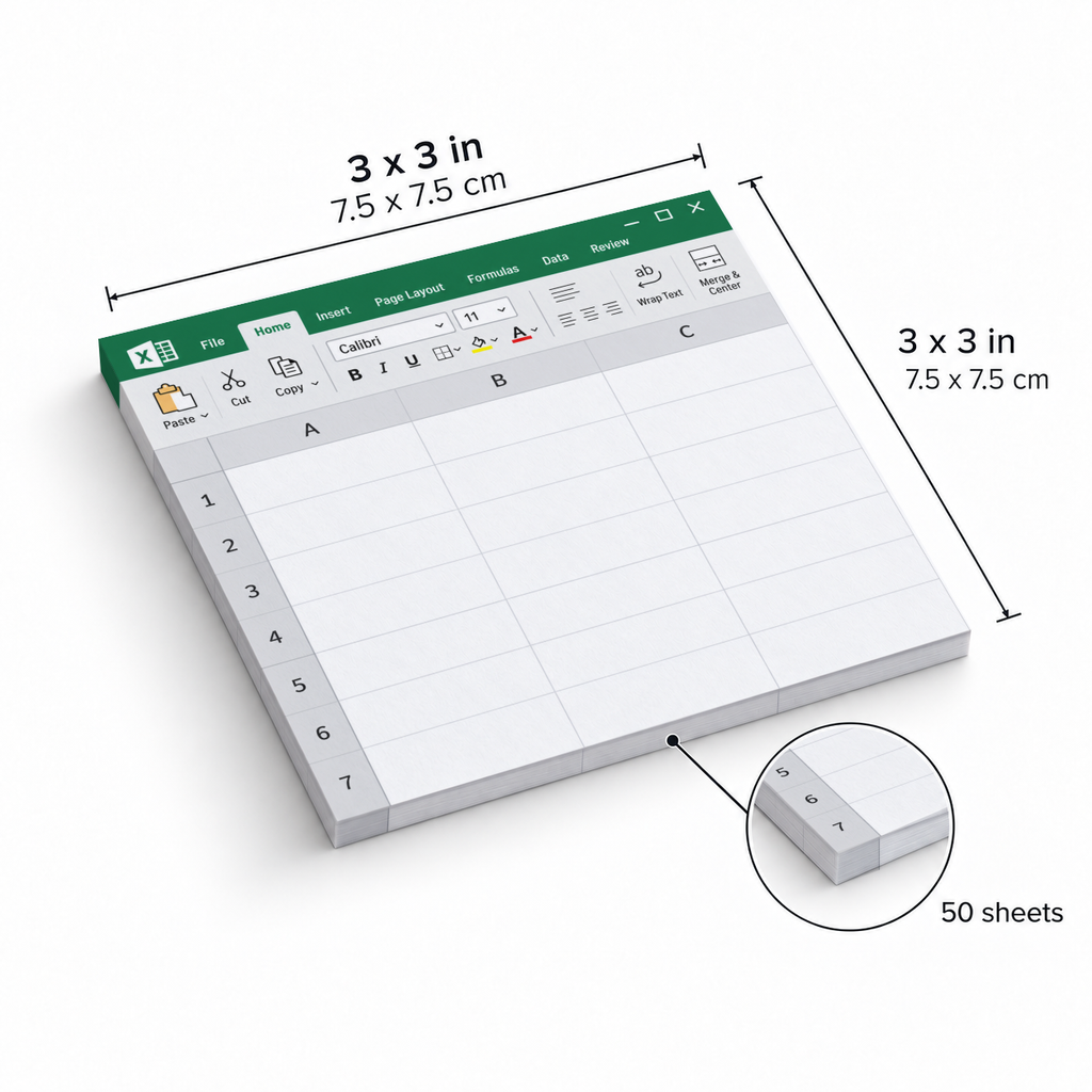 Green spreadsheet sticky note pad with measurement arrows showing 3 x 3 inches and a 50-sheet detail.