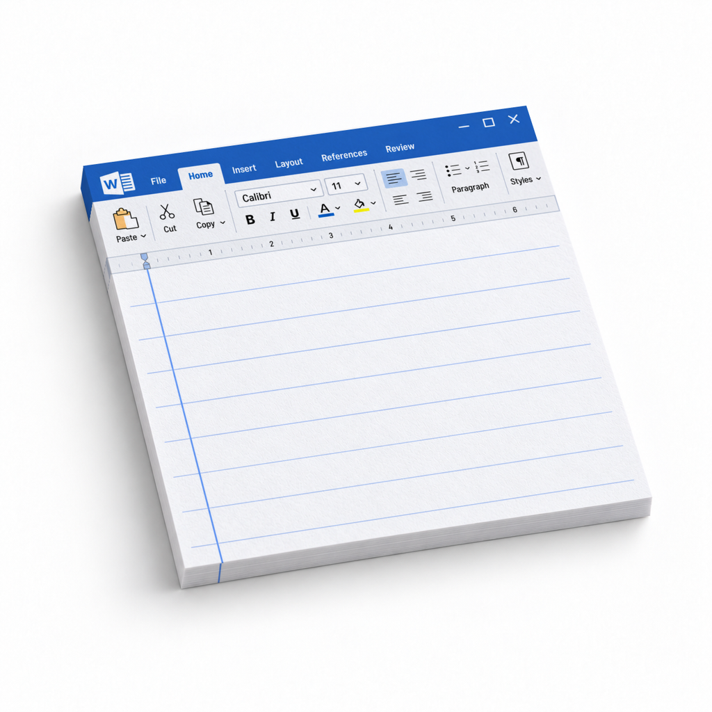 Blue word processor screen sticky note pad with a toolbar header and lined writing area on white.