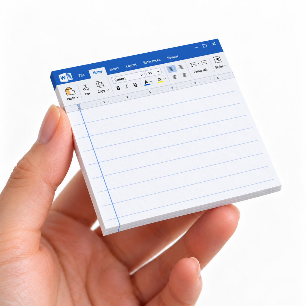 Hand holding a 3 x 3 inch sticky note pad styled as a blue word processor screen with ruled writing lines.