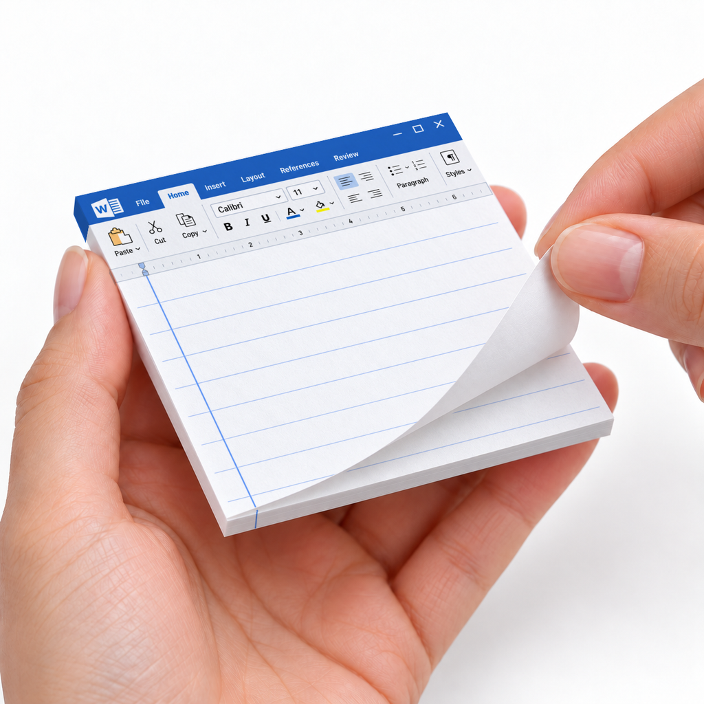 Hands peel a lined sheet from a blue word processor screen 3 x 3-inch sticky note pad.