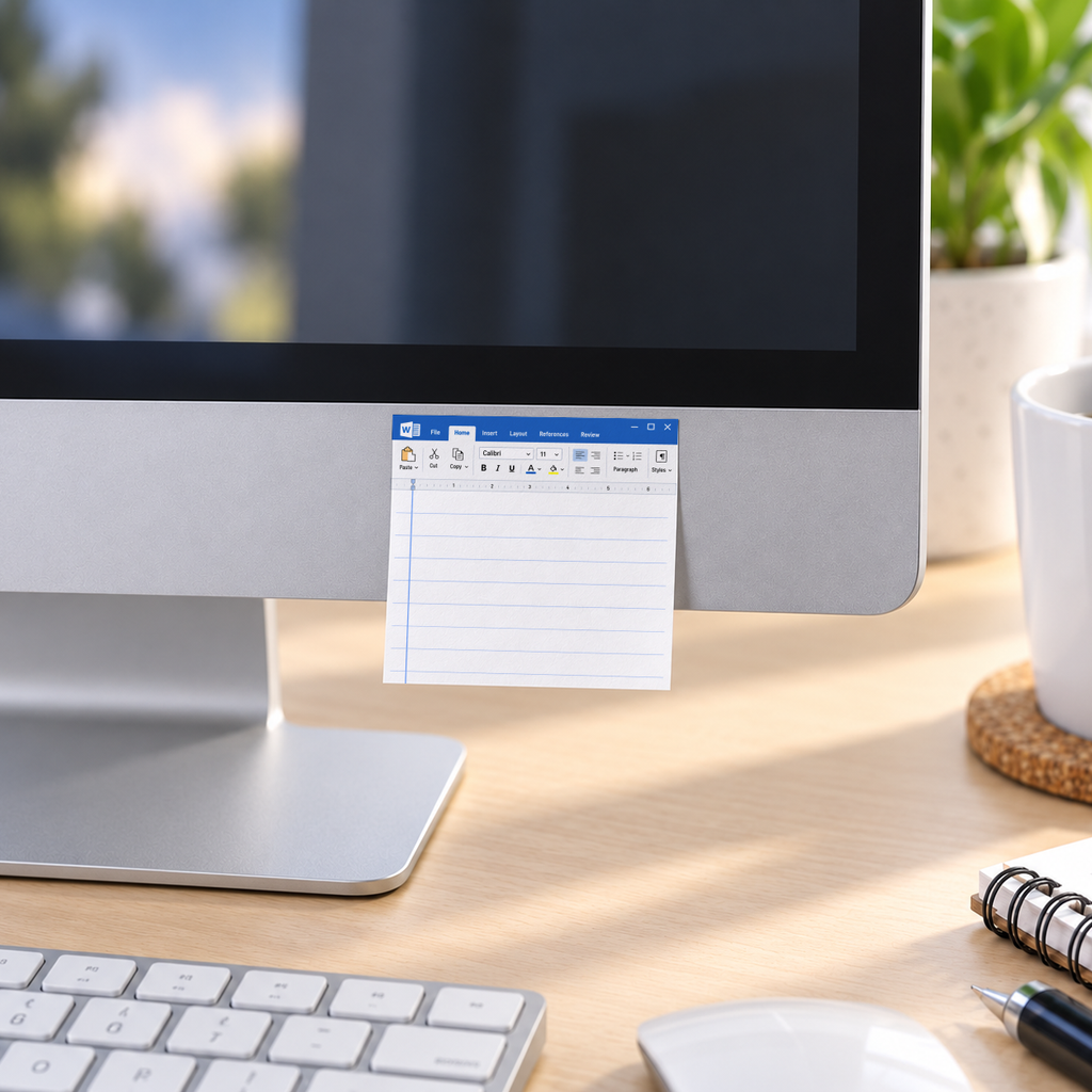 Blue word processor screen memo pad attached to a desktop monitor above a keyboard on a sunlit desk.