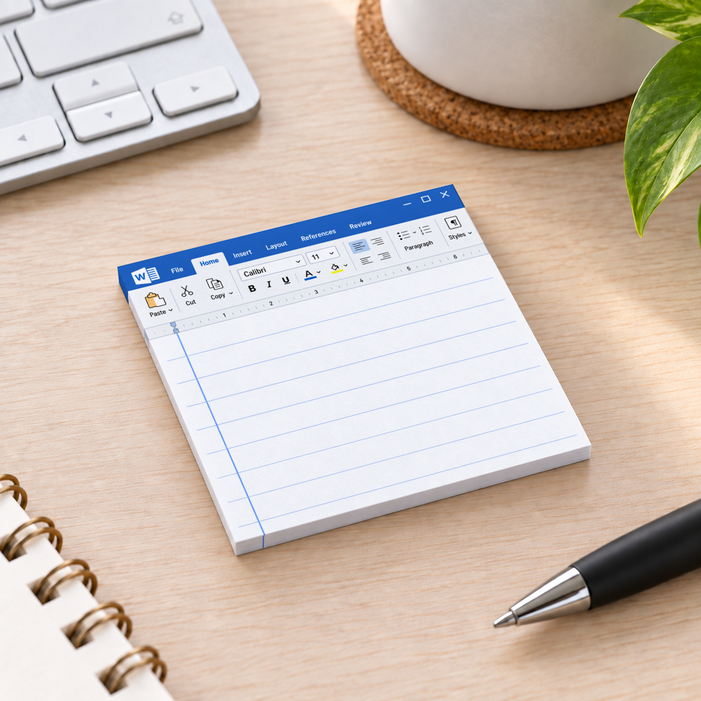 Blue word processor screen sticky note pad with lined writing area on a wood desk beside a keyboard and pen.