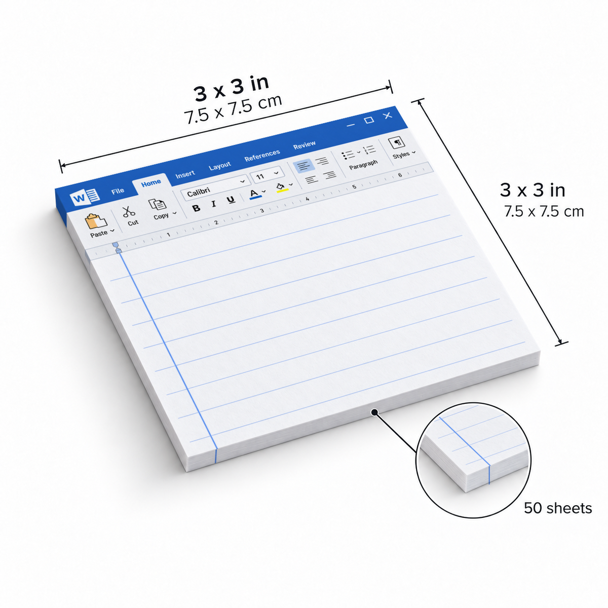 Blue word processor screen sticky note pad with lined writing area, measuring 3 x 3 inches, with 50 sheets.