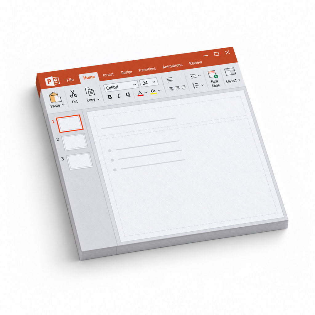 Red presentation slide checklist sticky note pad with toolbar, slide thumbnails, and lined bullet area.