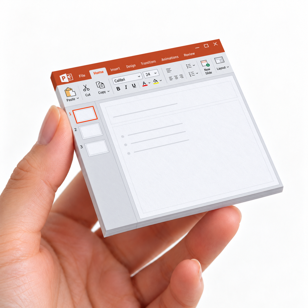A hand holds a red presentation slide checklist sticky note pad with a toolbar, thumbnails, and writing lines.