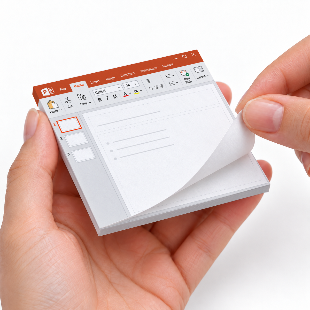 Hands peel a sheet from a red presentation slide checklist sticky note pad designed like a slide editor.