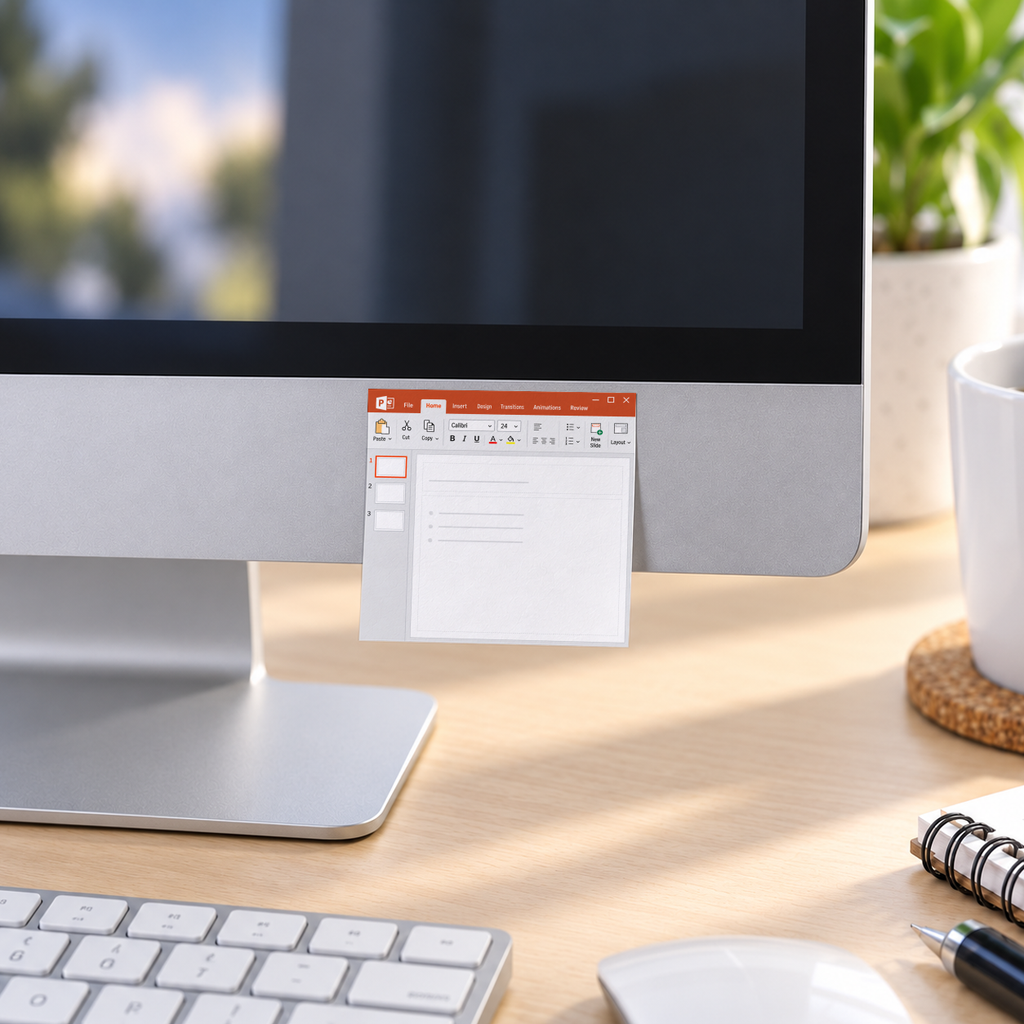 Red presentation slide checklist sticky note attached to a desktop monitor above a keyboard and mouse.