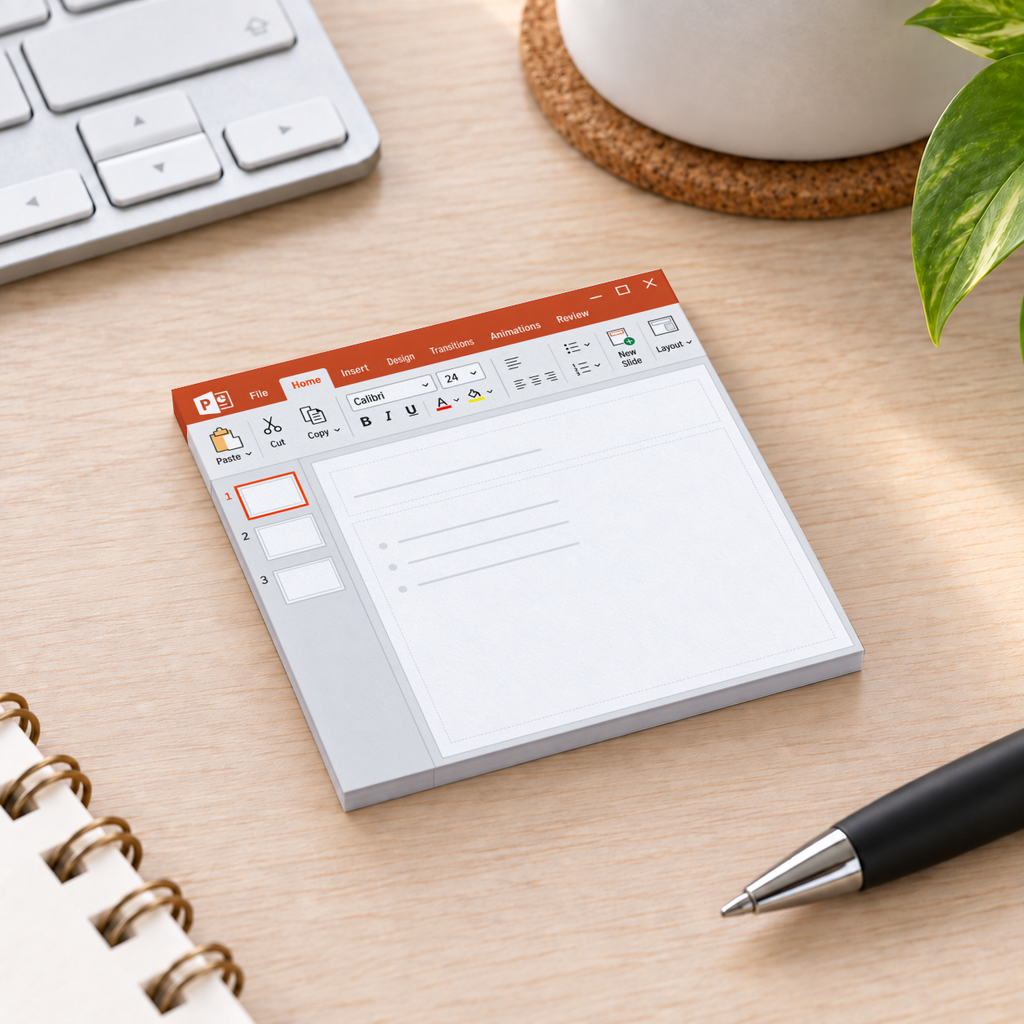 Red presentation slide checklist sticky note pad on a wooden desk beside a keyboard, pen, notebook, and plant.
