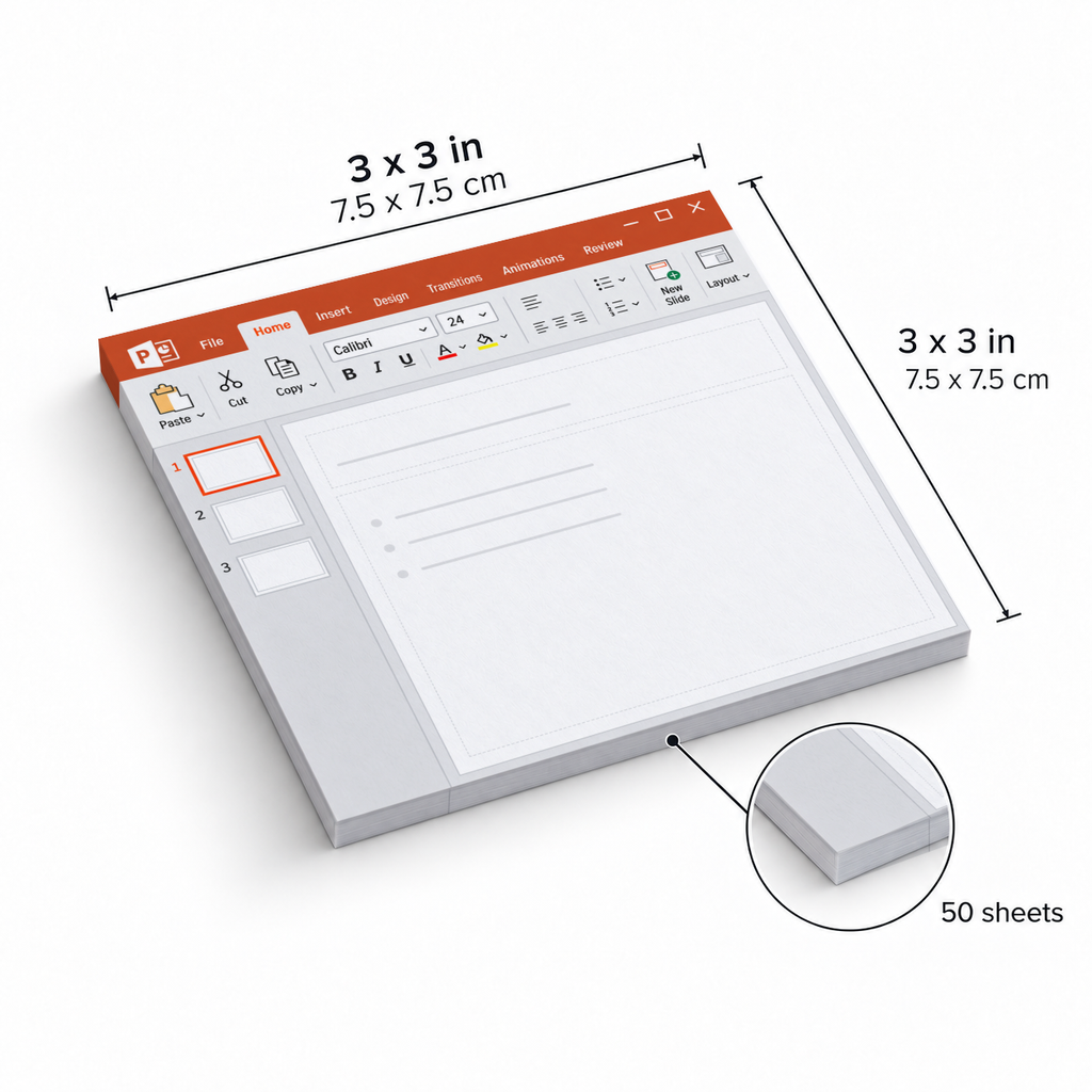 Size diagram of a red presentation slide sticky note pad, measuring 3 x 3 inches with 50 sheets.