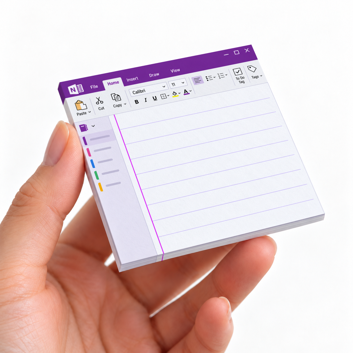 Hand holding a purple digital notebook interface sticky note pad with a lined writing area on a white background.