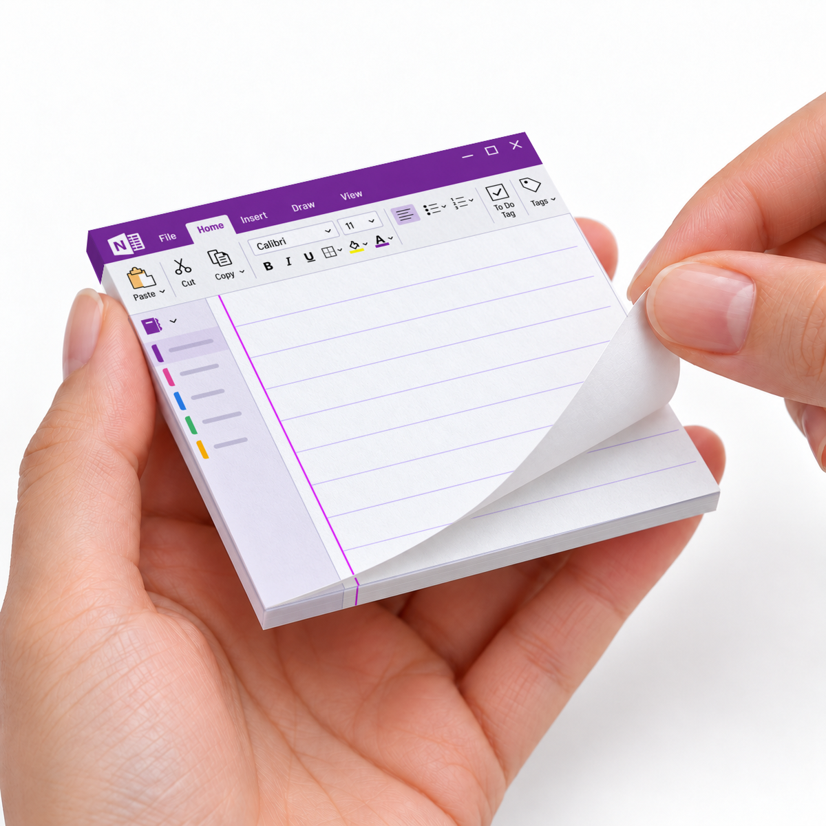 Hands peel a sheet from a purple digital notebook interface sticky note pad with a lined writing area.