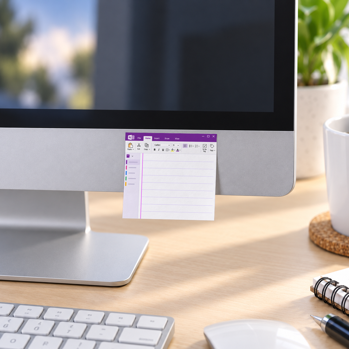 Purple digital notebook sticky note pad attached beneath a desktop monitor on a sunlit desk.