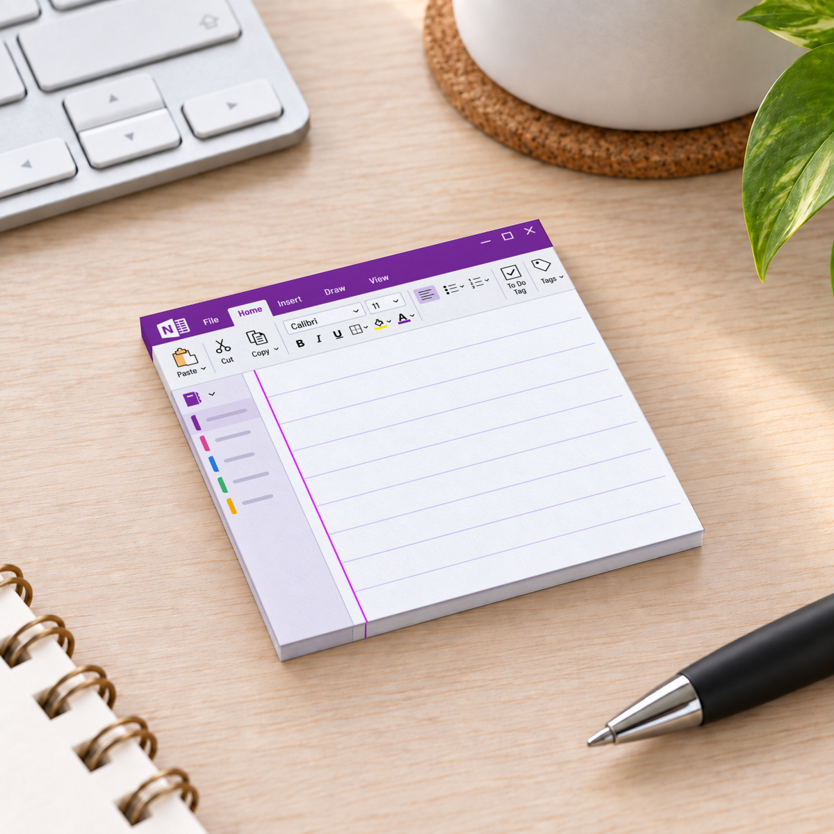 Purple digital notebook interface sticky note pad on a wood desk beside a keyboard, pen, notebook, and plant.