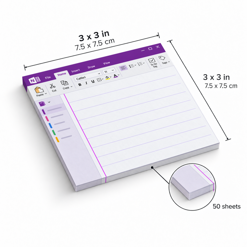 Purple digital notebook sticky note pad shown with 3 x 3 inch dimensions and a 50-sheet detail.